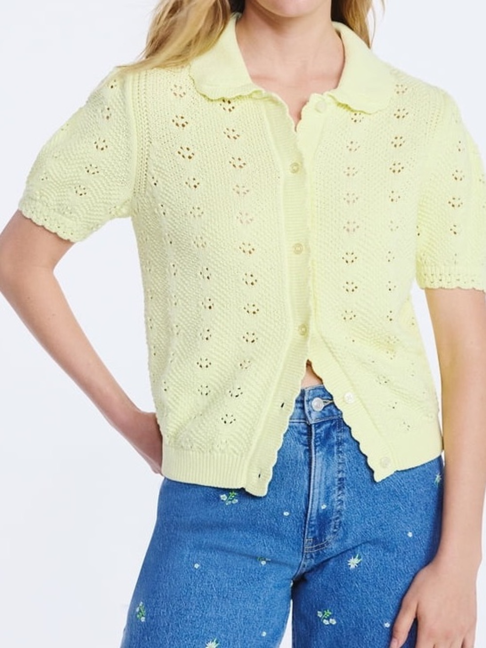 Free Assembly Cottage Yellow Pointelle Peterpan Collar Cardigan Cottagecore XS